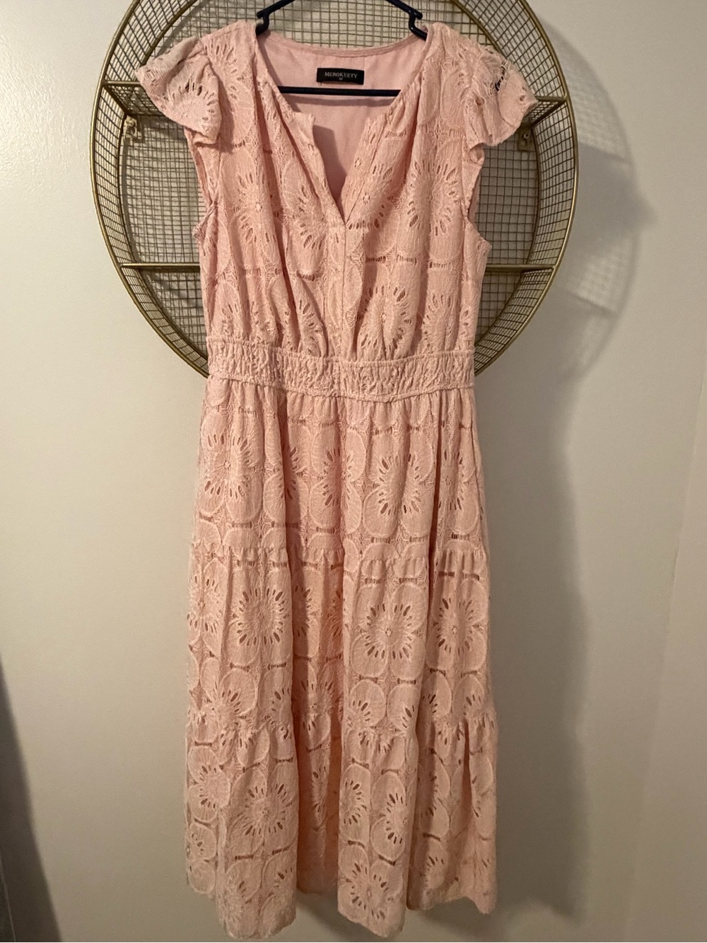 MEROKEETY Boho Pink Floral Lace Eyelet Tiered Maxi Dress Medium